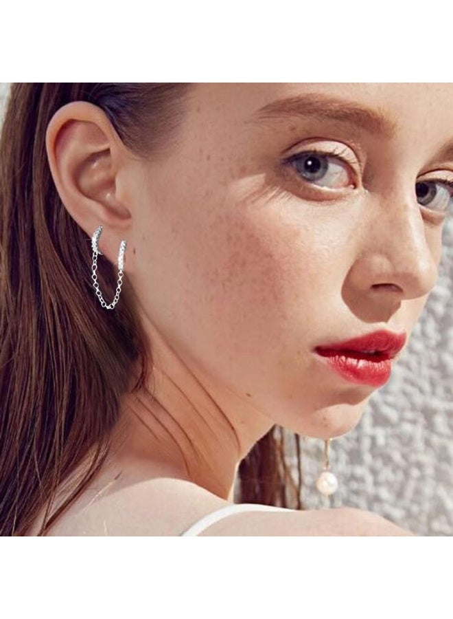 جوليا ستور أقراط هاجي مطلية بالذهب الأبيض عيار 18 قيراطًا مرصعة بزركونيا مكعبة، أقراط دائرية أنيقة من قطعة واحدة، سلسلة للنساء المراهقات، أقراط ذات ثقبين - Image 3