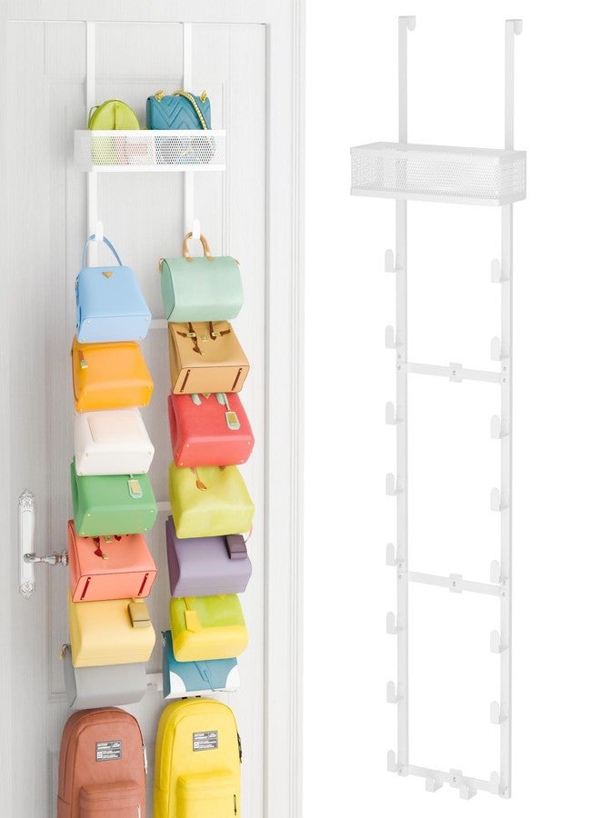 Kaiferty Over the Door Purse Organizer for Closet, Over the Door Hooks Wall Mounted Handbag Rack with 18 Hooks & Metal Basket, Holds up to 18 Bags, Use as 1 or 2 Pieces, for Door, Closet White - Image 1