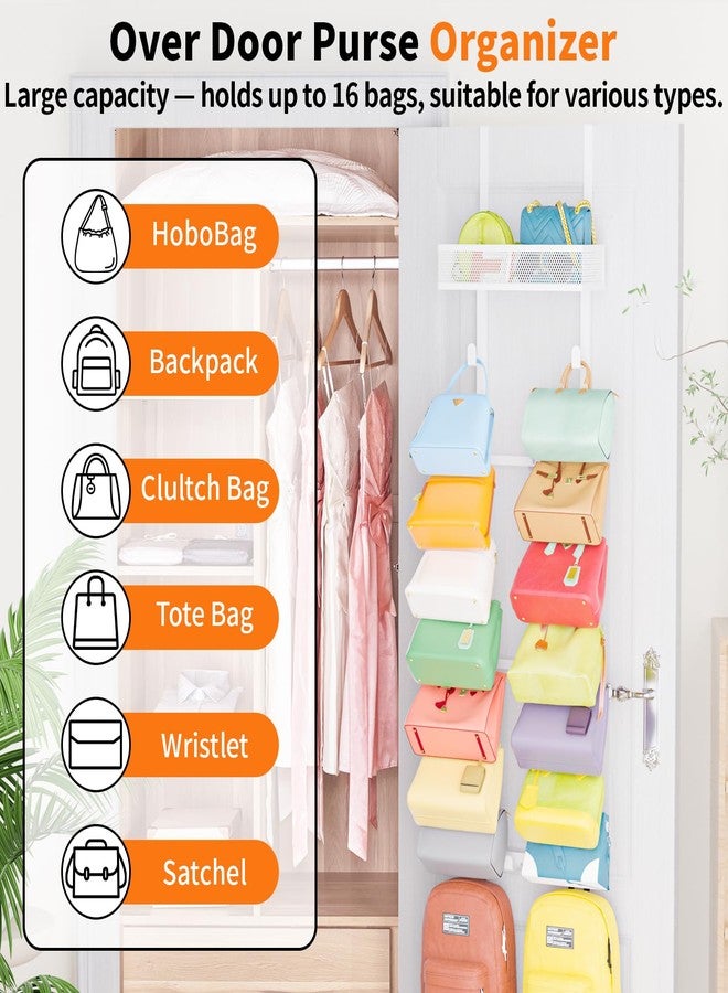 Kaiferty Over the Door Purse Organizer for Closet, Over the Door Hooks Wall Mounted Handbag Rack with 18 Hooks & Metal Basket, Holds up to 18 Bags, Use as 1 or 2 Pieces, for Door, Closet White - Image 4
