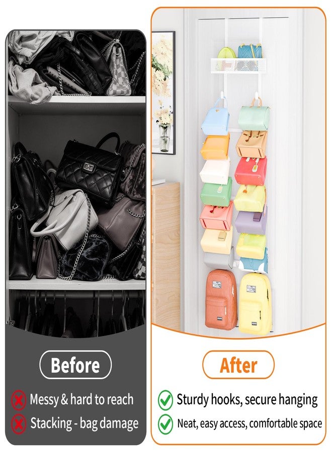 Kaiferty Over the Door Purse Organizer for Closet, Over the Door Hooks Wall Mounted Handbag Rack with 18 Hooks & Metal Basket, Holds up to 18 Bags, Use as 1 or 2 Pieces, for Door, Closet White - Image 5