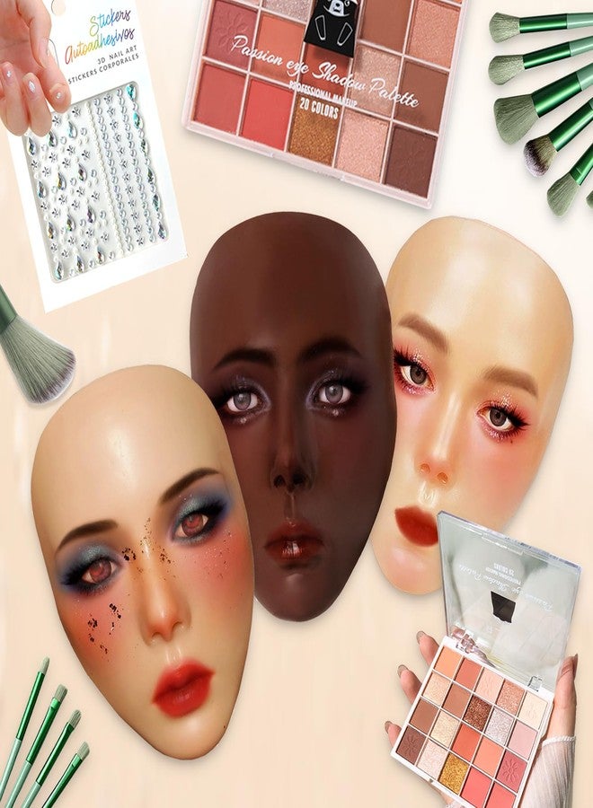 Penugo Silicone Makeup Practice Face Board Kit, Mannequin Face for Makeup Practice with Brushes Set & Eye Shadow & Rhinestones Sticker-Black - Image 3