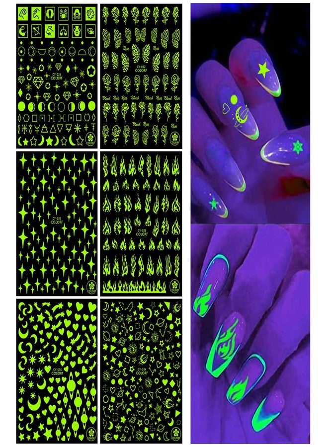 OSTTMA 6 Sheets Nail Art Stickers Luminous Nail Art Supplies 3D Self-Adhesive Nail Decals Flame Star Moon Heart Butterfly Rose Flower Designer Nail Stickers for Women Design Manicure Art Decorations - Image 1