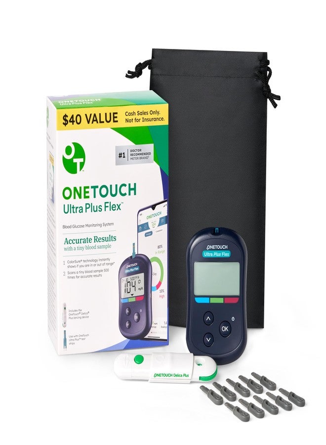 OneTouch Ultra Plus Flex Bonus Pack | 1 Blood Glucose UPF Meter, 1 Delica Plus Lancing Device, 10 Delica Plus 33g Lancets & Carrying Pouch - Image 1