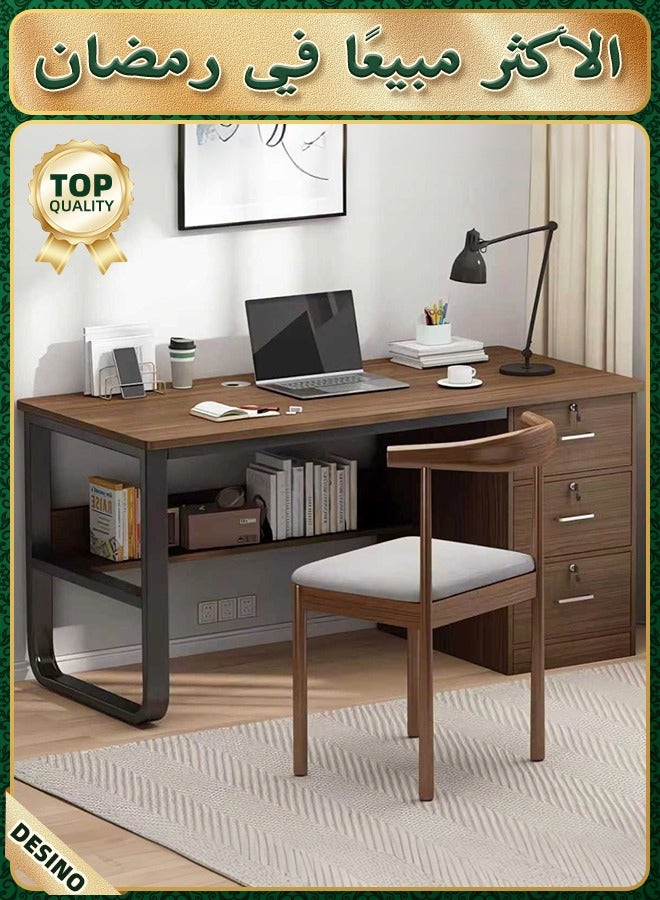 DESINO Computer Desk with 3 Drawers, 140x50cm Home Office Desks and Industrial PC Desk with Storage, Rustic Study Writing Table Workstation for Small, Pale walnut - Image 1