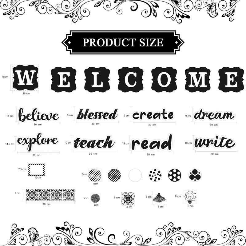 klarako 83 Pcs Black and White Classroom Decor Teach Mini Bulletin Board Set Classroom Decorations Script Words Bulletin Board Decorations Stripes Polka Dots Bulb Cutouts for Classroom Decor - Image 2