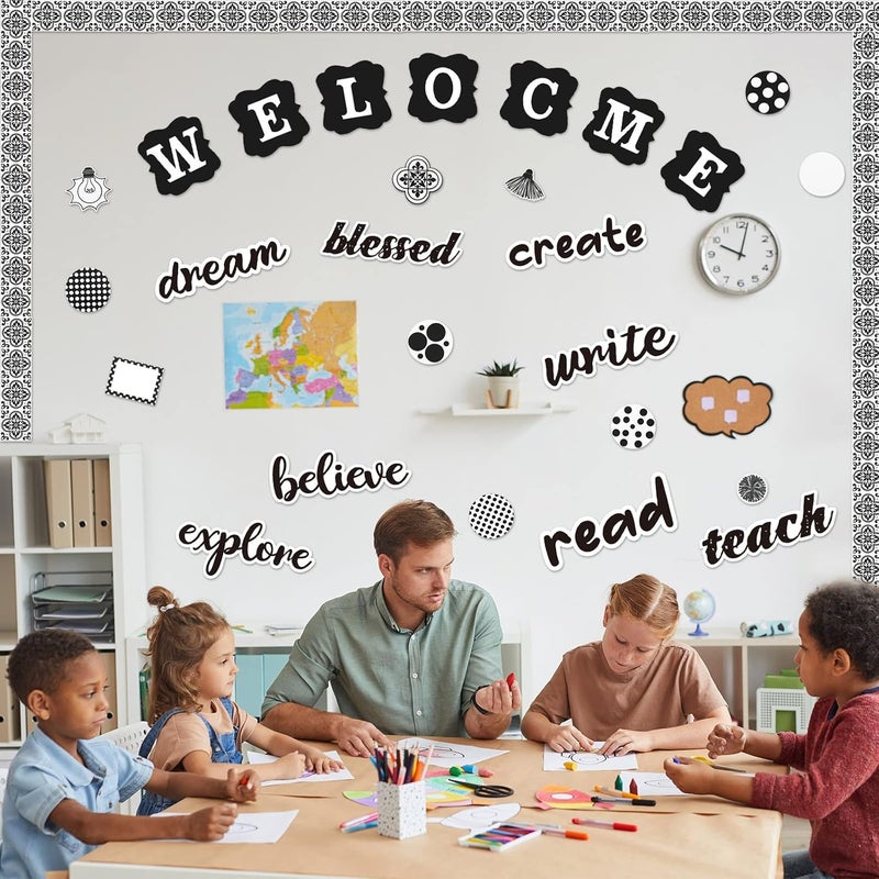 klarako 83 Pcs Black and White Classroom Decor Teach Mini Bulletin Board Set Classroom Decorations Script Words Bulletin Board Decorations Stripes Polka Dots Bulb Cutouts for Classroom Decor - Image 3