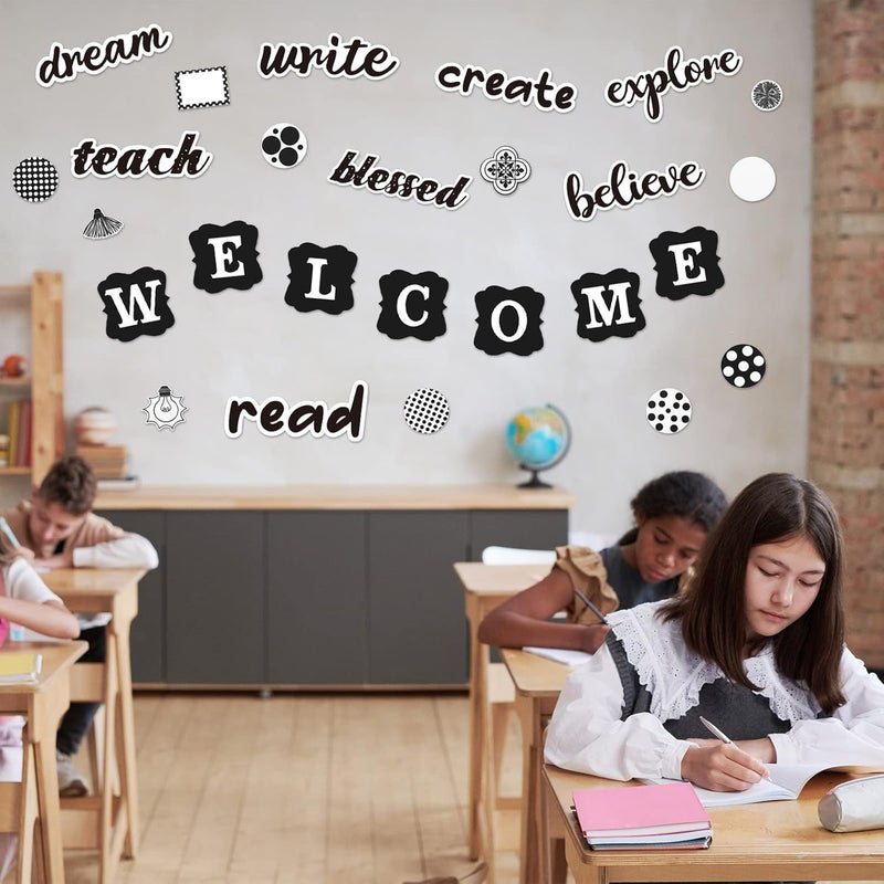 klarako 83 Pcs Black and White Classroom Decor Teach Mini Bulletin Board Set Classroom Decorations Script Words Bulletin Board Decorations Stripes Polka Dots Bulb Cutouts for Classroom Decor - Image 5