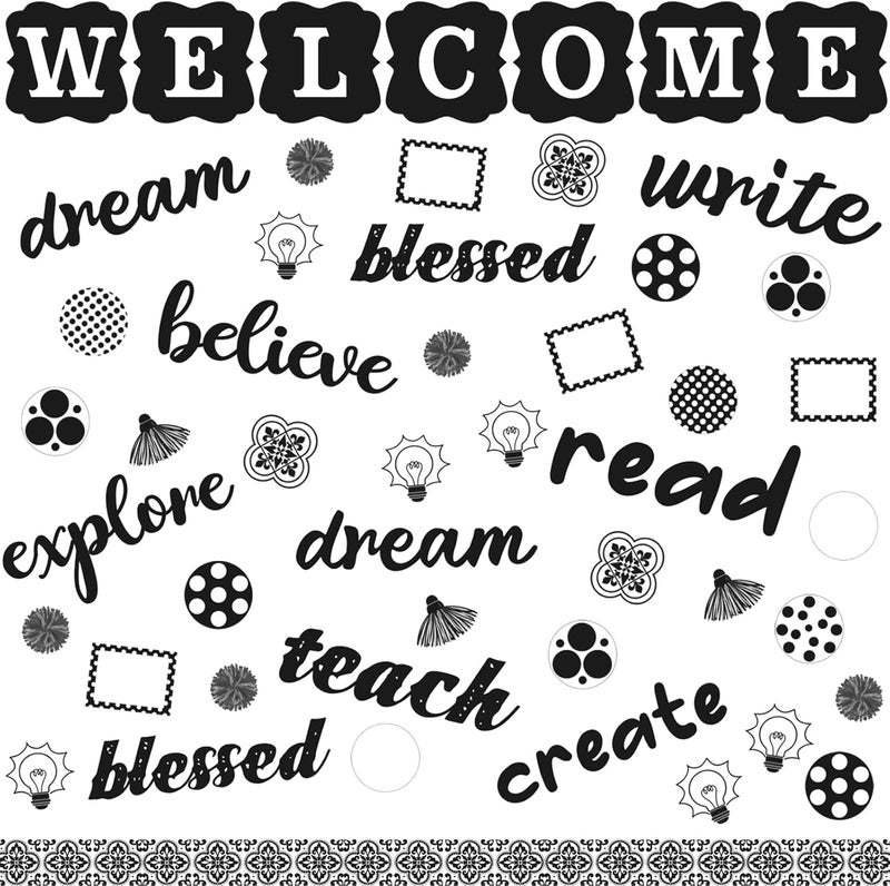 klarako 83 Pcs Black and White Classroom Decor Teach Mini Bulletin Board Set Classroom Decorations Script Words Bulletin Board Decorations Stripes Polka Dots Bulb Cutouts for Classroom Decor - Image 1