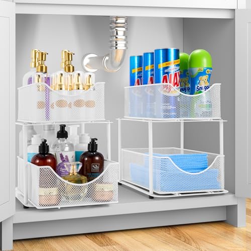 Sorbus 2 Tier Under Sink Bathroom Organizers and Storage Strong Steel Mesh Sliding Drawers for Enhanced Bathroom Storage Ideal Bathroom Organization and Storage Under Kitchen Sink Organizer White - Image 3