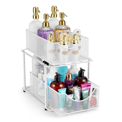 Sorbus 2 Tier Under Sink Bathroom Organizers and Storage Strong Steel Mesh Sliding Drawers for Enhanced Bathroom Storage Ideal Bathroom Organization and Storage Under Kitchen Sink Organizer White - Image 1
