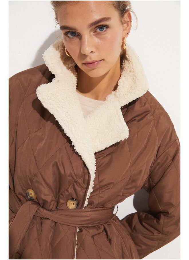 JUNE - June Fur Detailed Necked Coat Brown - Image 1
