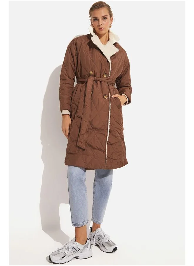 JUNE June Fur Detailed Necked Coat Brown