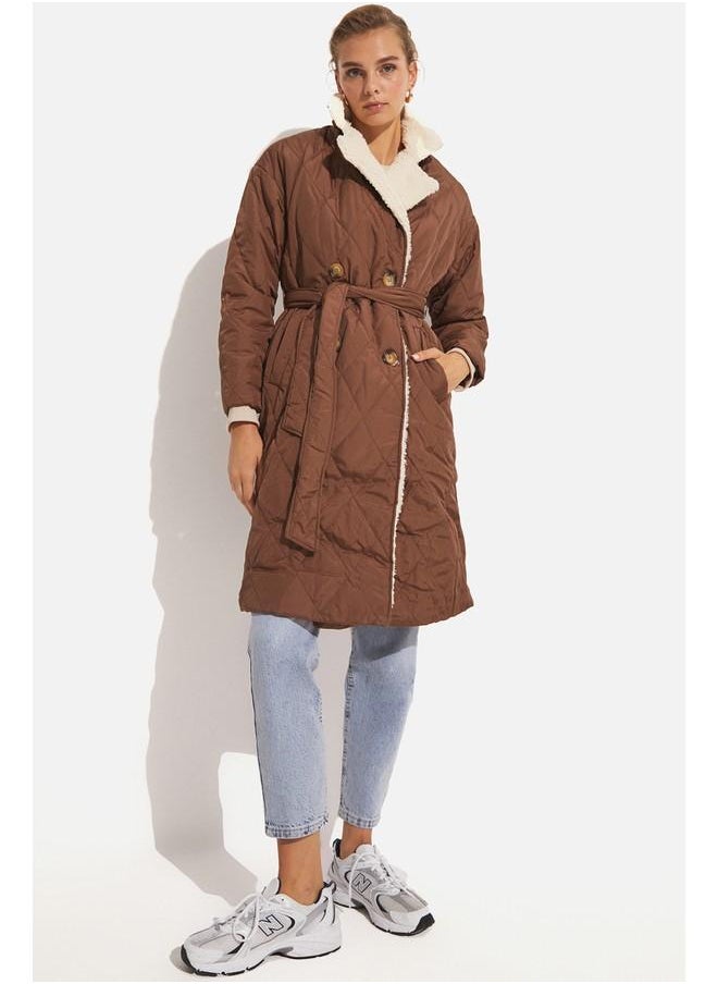JUNE - June Fur Detailed Necked Coat Brown - Image 1