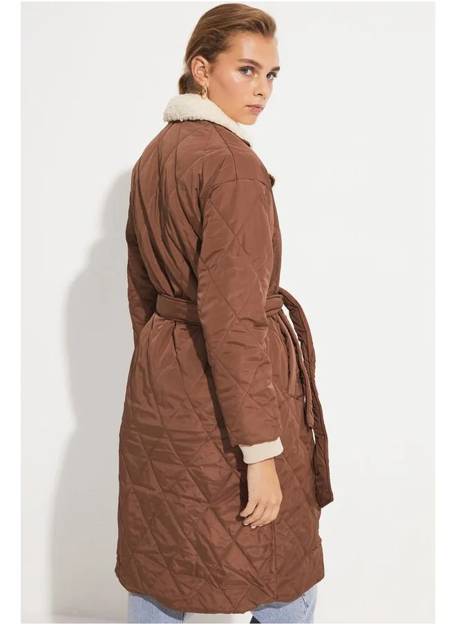 JUNE June Fur Detailed Necked Coat Brown