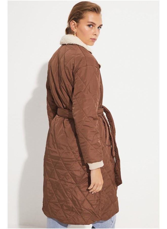 JUNE - June Fur Detailed Necked Coat Brown - Image 1