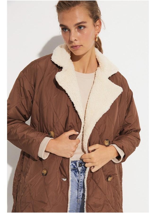 JUNE - June Fur Detailed Necked Coat Brown - Image 1