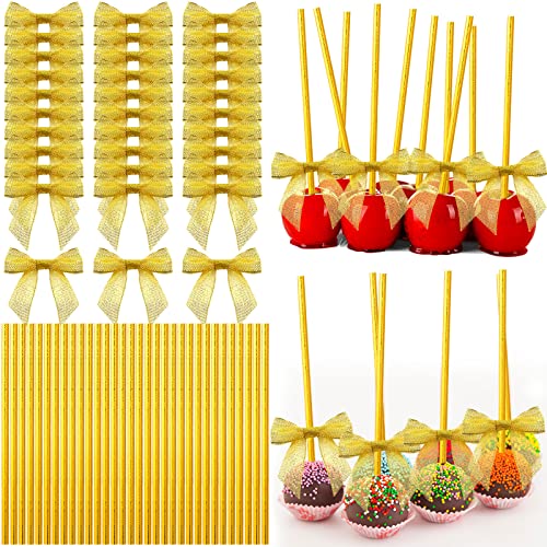 Jutom 200 Pcs Cake Pop Sticks and Bows Kit Include 100 Ribbon Twist Tie Bows 100 Paper Striped Straws for Cake Pops Candies Lollipops Chocolates Wedding Christmas Packaging Party SuppliesGold - Image 1
