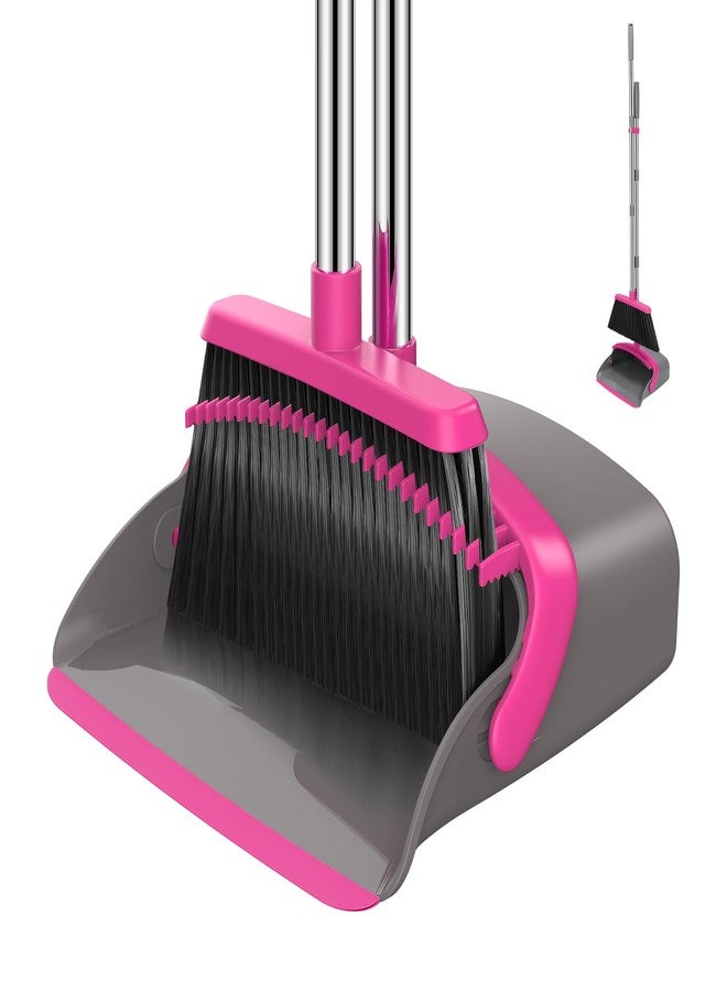 NACENA Broom and Dustpan Set, 52-in Long Adjustable Handle Broom Dustpan Combo with Dustpan Teeth to Automatically Clean Hair Suitable for Home Kitchen Office Hall Floor（Grey&Rose） - Image 1