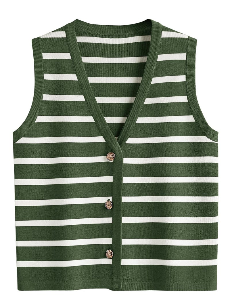 LILLUSORY Vest Tops for Women 2025 Fall Outfits Striped Sweaters Button Up Casual Shirts Blouses Jacket Fashion Clothes ArmygreenWhite M - Image 1
