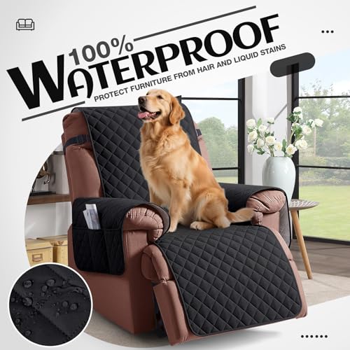 KinCam 100% Waterproof Recliner Chair Cover, Reclining Couch Covers for Pets, Dogs, Recliner Couch Slipcover Furniture Protector with Elastic Straps for Kids(23.6", Black) - Image 3