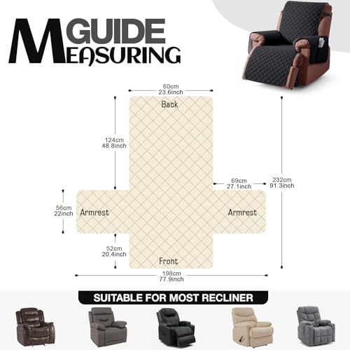 KinCam 100% Waterproof Recliner Chair Cover, Reclining Couch Covers for Pets, Dogs, Recliner Couch Slipcover Furniture Protector with Elastic Straps for Kids(23.6", Black) - Image 4