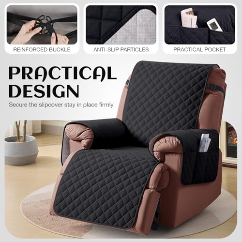 KinCam 100% Waterproof Recliner Chair Cover, Reclining Couch Covers for Pets, Dogs, Recliner Couch Slipcover Furniture Protector with Elastic Straps for Kids(23.6", Black) - Image 5