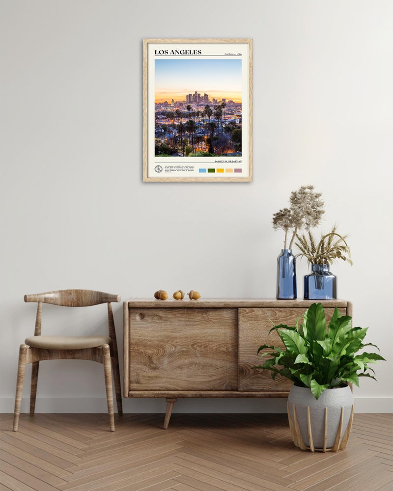 HesenDot Natural OAK Wood Los Angeles Cityscape Framed Wall Art 12x16in City Skyline Canvas Wall Print Modern Urban Landmark Wall Decor for Living Room Bedroom Office Gallery Gifts Set of 1 - Image 1