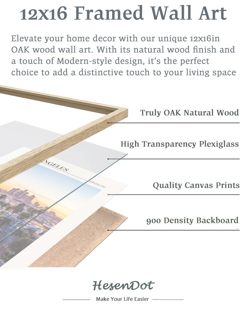 HesenDot Natural OAK Wood Los Angeles Cityscape Framed Wall Art 12x16in City Skyline Canvas Wall Print Modern Urban Landmark Wall Decor for Living Room Bedroom Office Gallery Gifts Set of 1 - Image 4