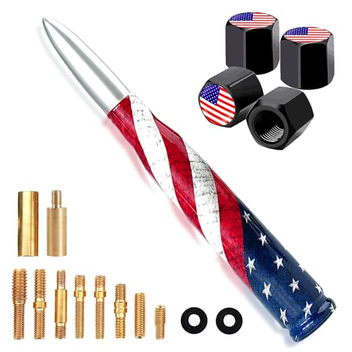 HVSTTPK Car Truck Bullet Antenna with Valve Stem Caps for F150 F250 F350 Super Duty Raptor Dodge Ram Silverado 1500 2500 3500,Pickup Jeep Accessories（Silver ）- American Flag Design-Car wash Safe - Image 1