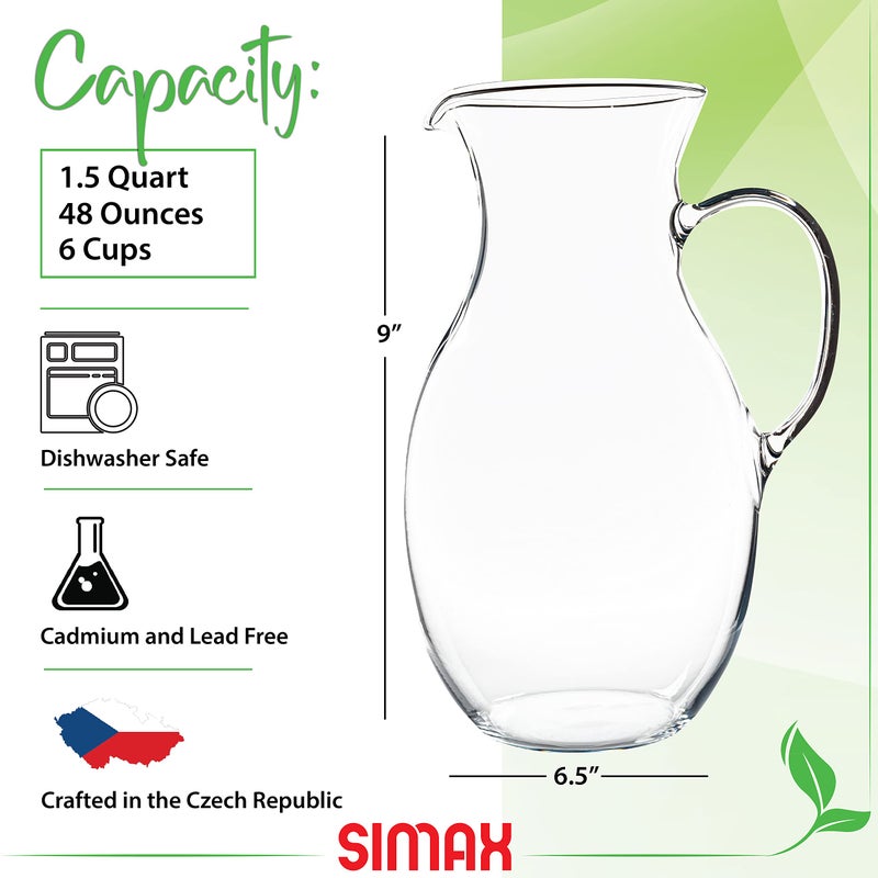 Simax Glass Pitcher With Spout, 1.5 Quart Borosilicate Glass Pitchers With Handle, Made in Europe Glass Water, Cocktail, Margarita, Sangria Pitcher - Image 2