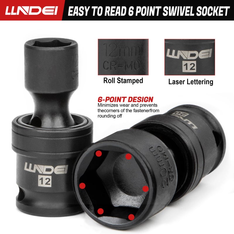 LLNDEI 3/8" Drive Universal Impact Socket Set, 19 Pieces CR-MO Swivel Socket Set, Metric(8-22mm) Wobble Sockets 6 Point with Extension Bars, Adapter and Black Organizer - Image 4