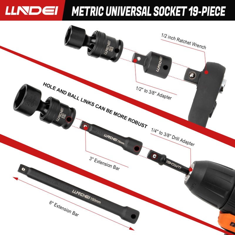 LLNDEI 3/8" Drive Universal Impact Socket Set, 19 Pieces CR-MO Swivel Socket Set, Metric(8-22mm) Wobble Sockets 6 Point with Extension Bars, Adapter and Black Organizer - Image 5