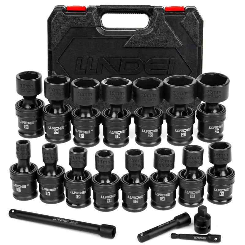 LLNDEI 3/8" Drive Universal Impact Socket Set, 19 Pieces CR-MO Swivel Socket Set, Metric(8-22mm) Wobble Sockets 6 Point with Extension Bars, Adapter and Black Organizer - Image 1