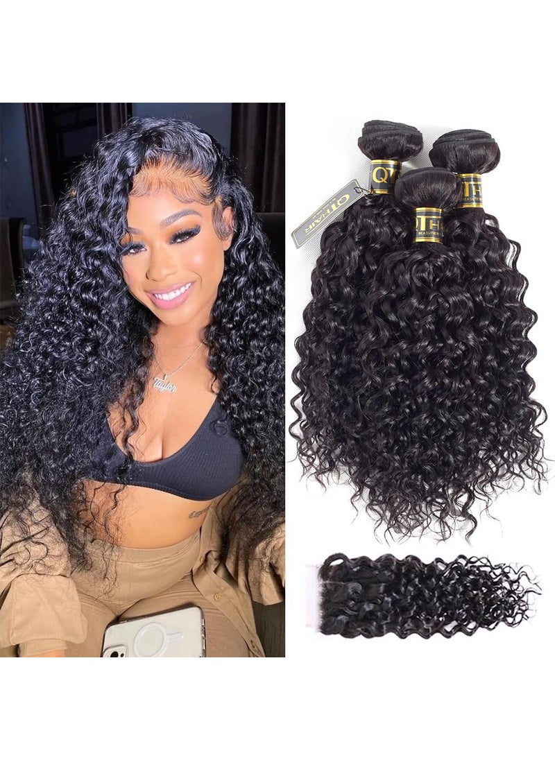QTHAIR - QTHAIR 14A Water Wave Bundles with Closure Human Hair 3 Bundles with Closure (12 14 16+12) 100% Unprocessed Brazilian Virgin Water Wave Human Hair Bundles with 4x4 Lace Closure - Image 1