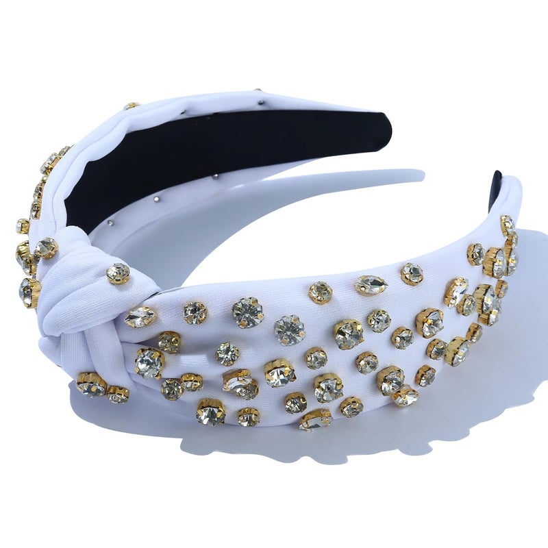 FEDANS Jeweled Headband for Women Girls Top Knot White Fancy Headband Crystal Embellished Hairband Ladies Fashion Nylon Hair Accessories