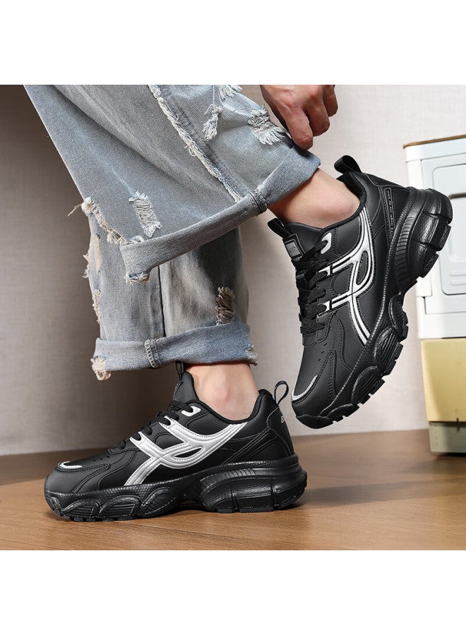 BANGTE Bont Men's Dad Shoes Thick Sole Height Increasing Non-slip Wear-resistant Casual Sports Running Shoes Black Silver 40 - Image 3