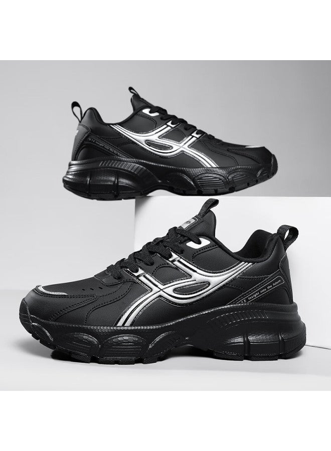 BANGTE Bont Men's Dad Shoes Thick Sole Height Increasing Non-slip Wear-resistant Casual Sports Running Shoes Black Silver 40 - Image 5