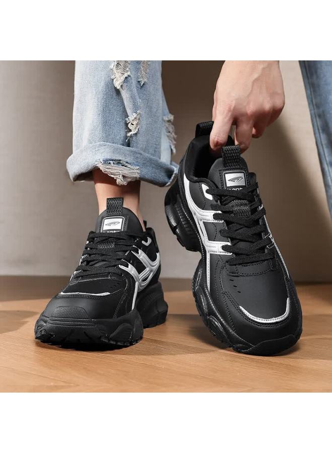 BANGTE Bont Men's Dad Shoes Thick Sole Height Increasing Non-slip Wear-resistant Casual Sports Running Shoes Black Silver 40 - Image 1
