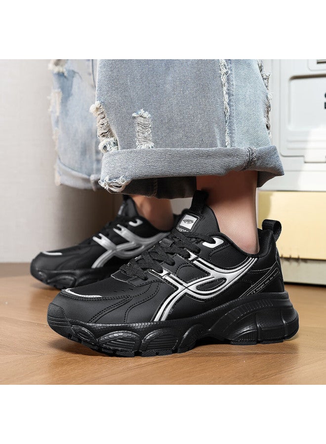 BANGTE Bont Men's Dad Shoes Thick Sole Height Increasing Non-slip Wear-resistant Casual Sports Running Shoes Black Silver 40 - Image 2