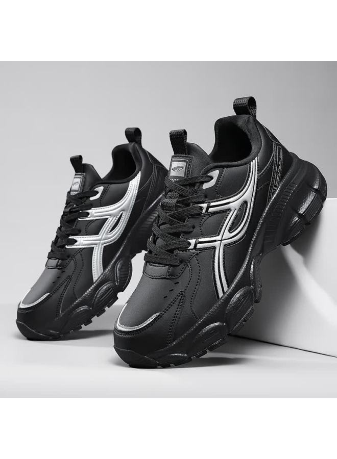 BANGTE Bont Men's Dad Shoes Thick Sole Height Increasing Non-slip Wear-resistant Casual Sports Running Shoes Black Silver 40 - Image 4