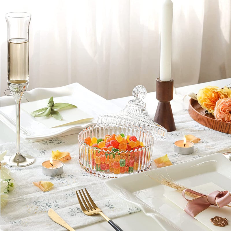 KELVEE وعاء حلوى زجاجي كيلفي مع غطاء، جرة حلوى كريستالية، وعاء حلوى زخرفي، جرة بسكويت، طبق مجوهرات، جرة حلوى مغطاة، جرات زجاجية صغيرة لمائدة البوفيه، المطبخ، المنزل، المكتب، مجموعة من 2 - Image 3