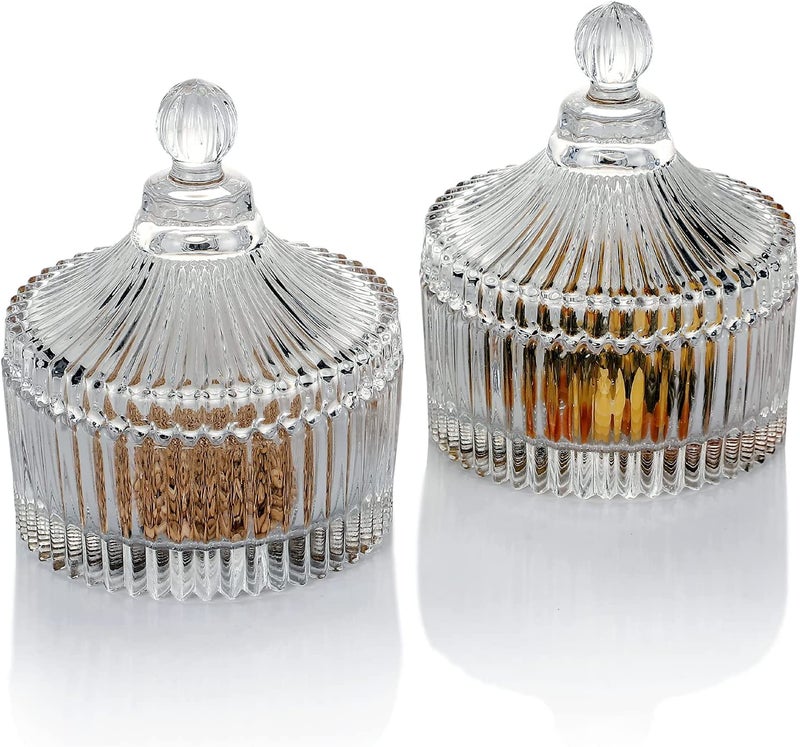 KELVEE وعاء حلوى زجاجي كيلفي مع غطاء، جرة حلوى كريستالية، وعاء حلوى زخرفي، جرة بسكويت، طبق مجوهرات، جرة حلوى مغطاة، جرات زجاجية صغيرة لمائدة البوفيه، المطبخ، المنزل، المكتب، مجموعة من 2 - Image 1