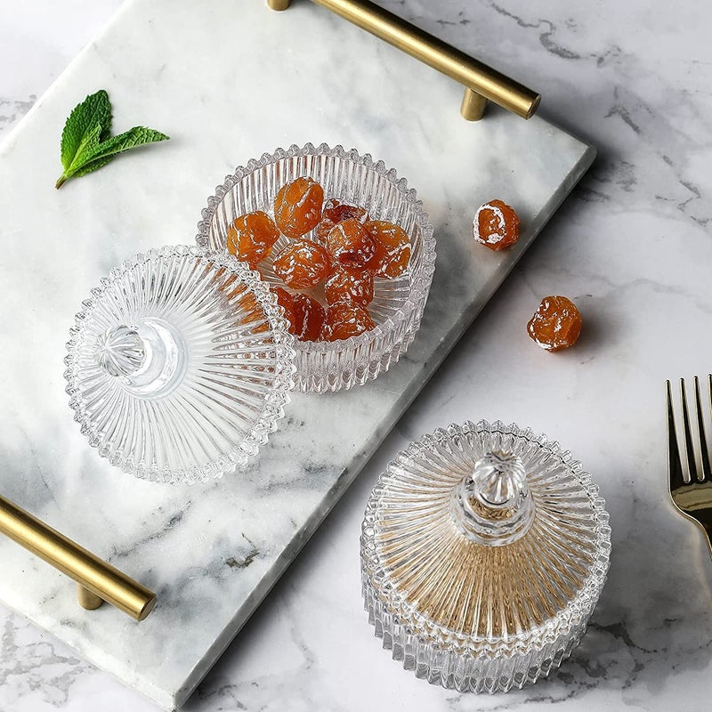 KELVEE وعاء حلوى زجاجي كيلفي مع غطاء، جرة حلوى كريستالية، وعاء حلوى زخرفي، جرة بسكويت، طبق مجوهرات، جرة حلوى مغطاة، جرات زجاجية صغيرة لمائدة البوفيه، المطبخ، المنزل، المكتب، مجموعة من 2 - Image 5