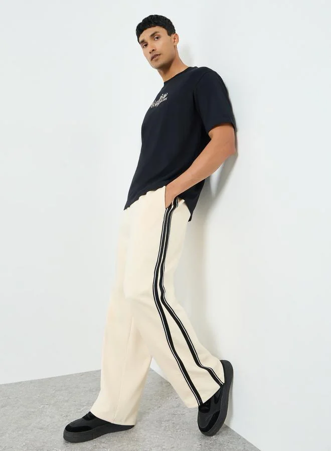 Men Cream Side Taping Striped Oversized Joggers