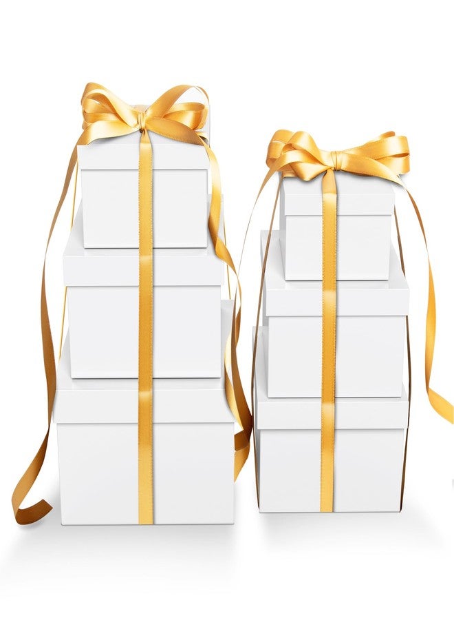 CHARMGIFTBOX 6 Pack Large Nesting Gift Boxes with Lids, 3.9"-6.8" White Square Gift Box with Ribbon Assorted Sizes for Presents, Stackable Boxes for Birthday Wedding Christmas Party Gift Wrapping - Image 1