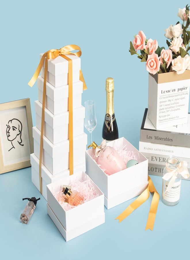 CHARMGIFTBOX 6 Pack Large Nesting Gift Boxes with Lids, 3.9"-6.8" White Square Gift Box with Ribbon Assorted Sizes for Presents, Stackable Boxes for Birthday Wedding Christmas Party Gift Wrapping - Image 4