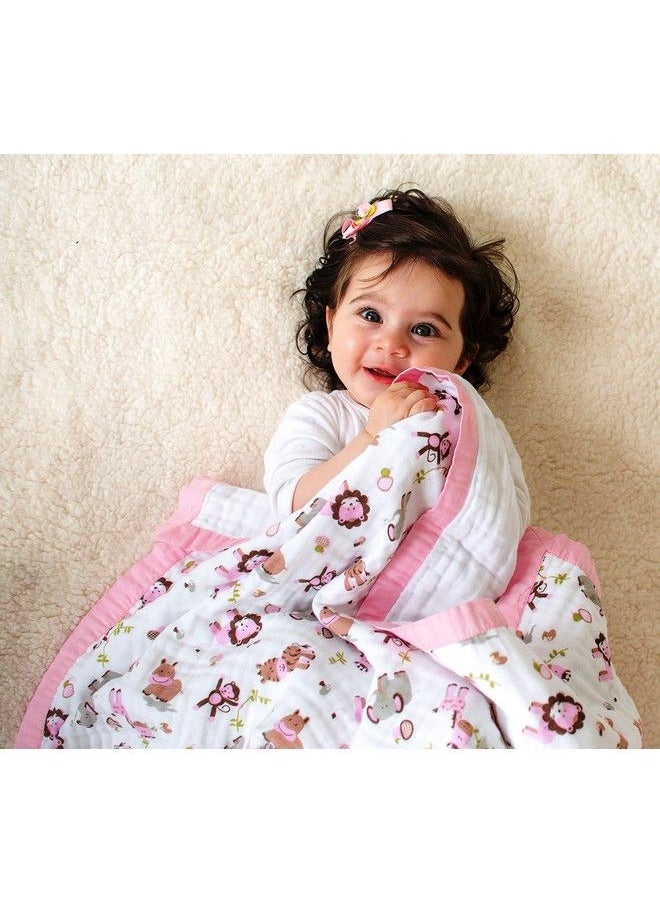 My Milestones - 100% Cotton Muslin Baby Blanket 6 Layered (43X43 Inches) Zoo Print Pink - Image 1