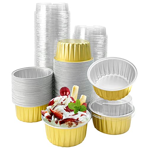 100Pcs Aluminum Cups with Lids5oz Disposable Ramekin Baking Cups Muffin Liners Mini Pie Pans Foil Cupcake Containers for Christmas Party Wedding PartyGold