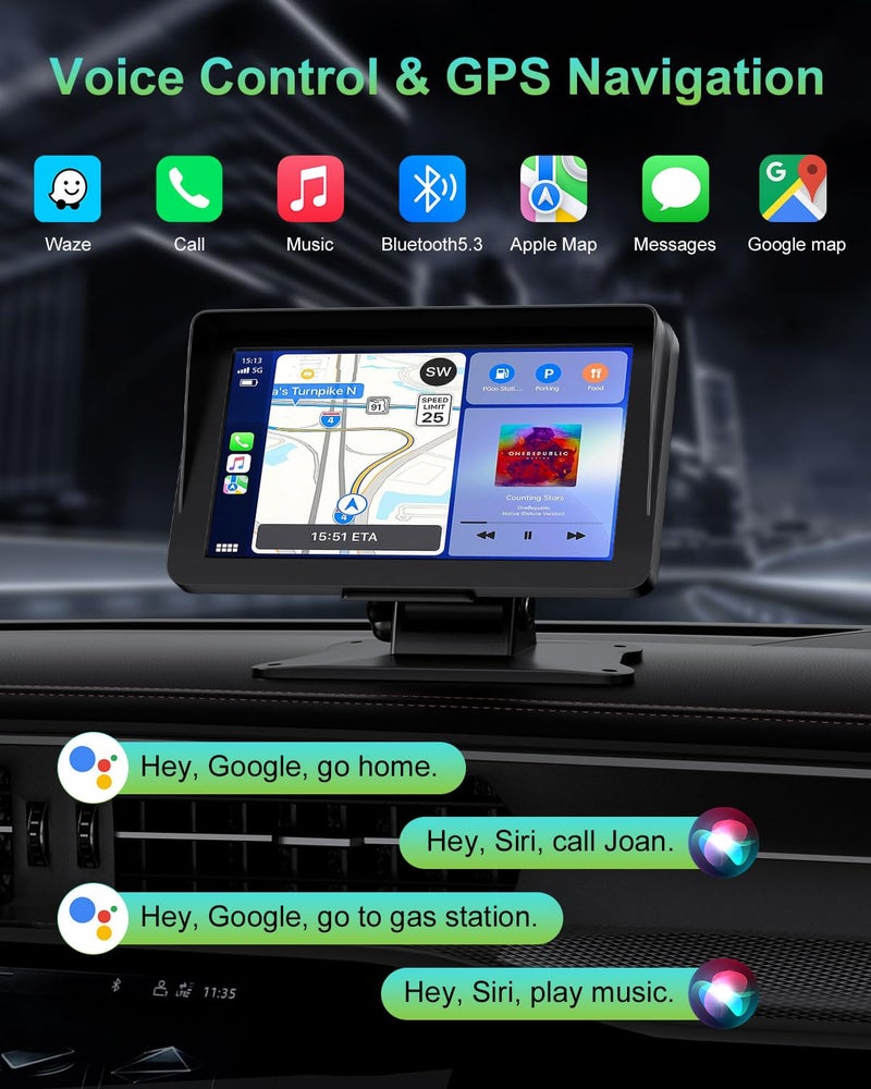 25HOURS Apple Carplay Screen for Car, 7" HD Portable Wireless Apple Carplay & Android Auto Touchscreen, with 1080P Backup Camera, Car Play Screen Tablet, GPS Navigation/Mirror Link/Bluetooth/FM/Voice Control - Image 3