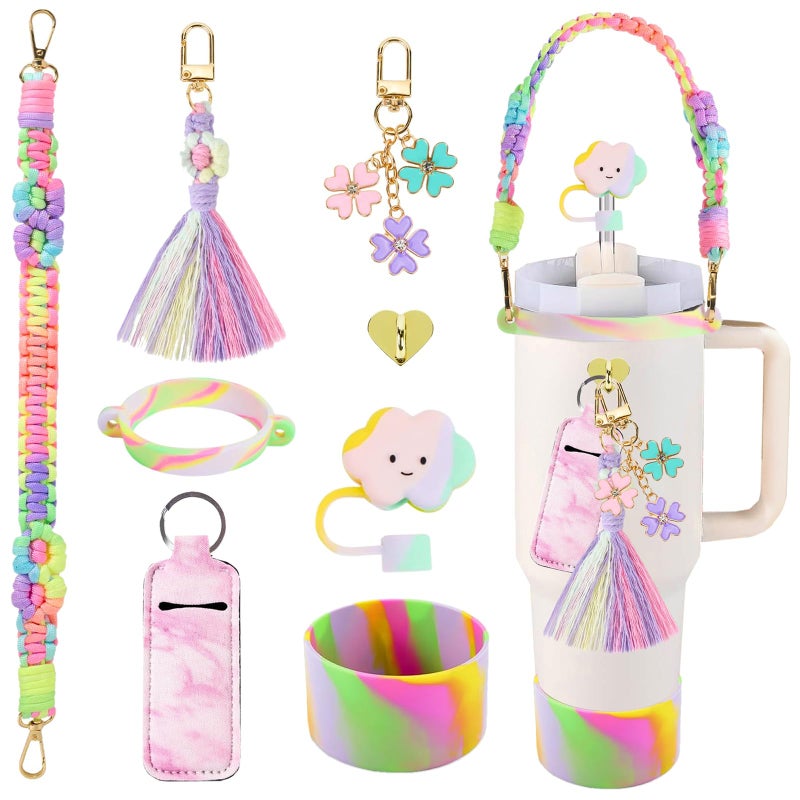 KIKIIKE Stanley Cup Accessories iridescent 8pcs Set Including Water Bottle Handle StrapSilicone Cup Boot Straw CoverStanley Charms for 30oz40oz Tumbler Colorful - Image 2